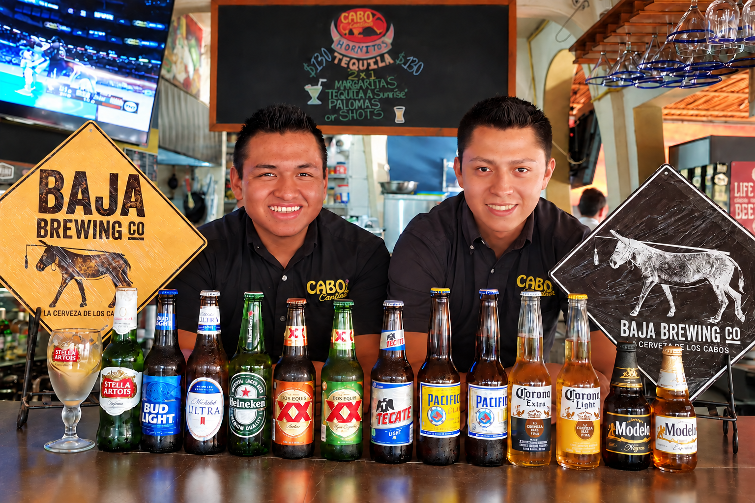 Cabo Cantina bartenders with our beer selection and Baja Brewing signs